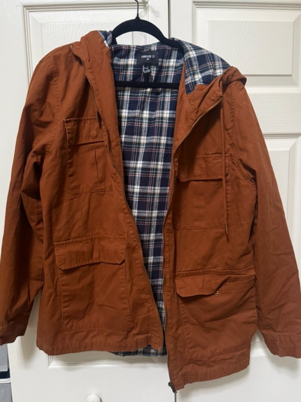 Forever 21 Men Rust Plaid Lined Hooded Utility Jacket L